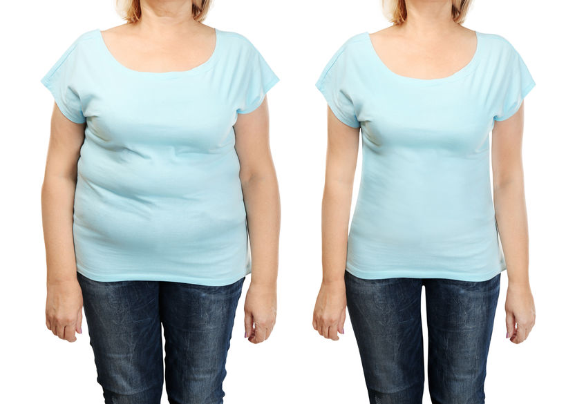 Mature woman's body before and after weightloss on white background. Health care and diet concept. Mature woman's body